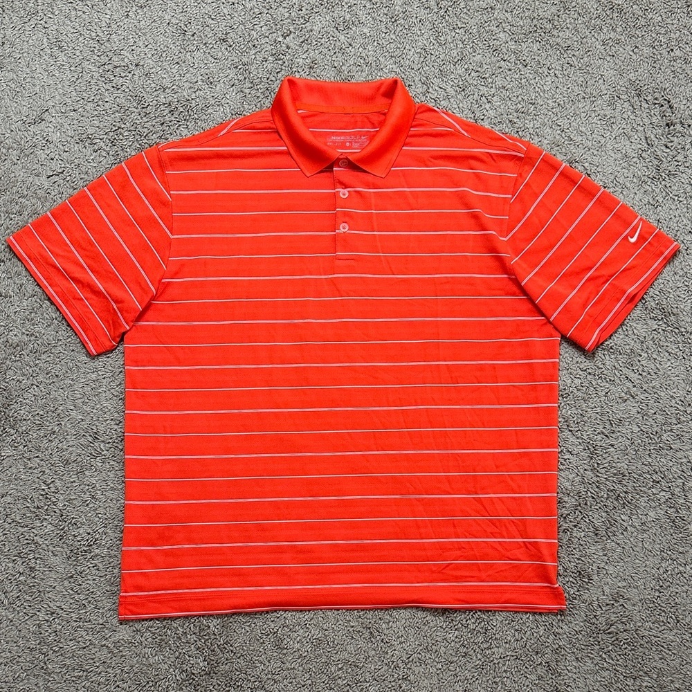 Nike Golf Mens XL Orange White Striped Dri-Fit Short Sleeve Polo Shirt